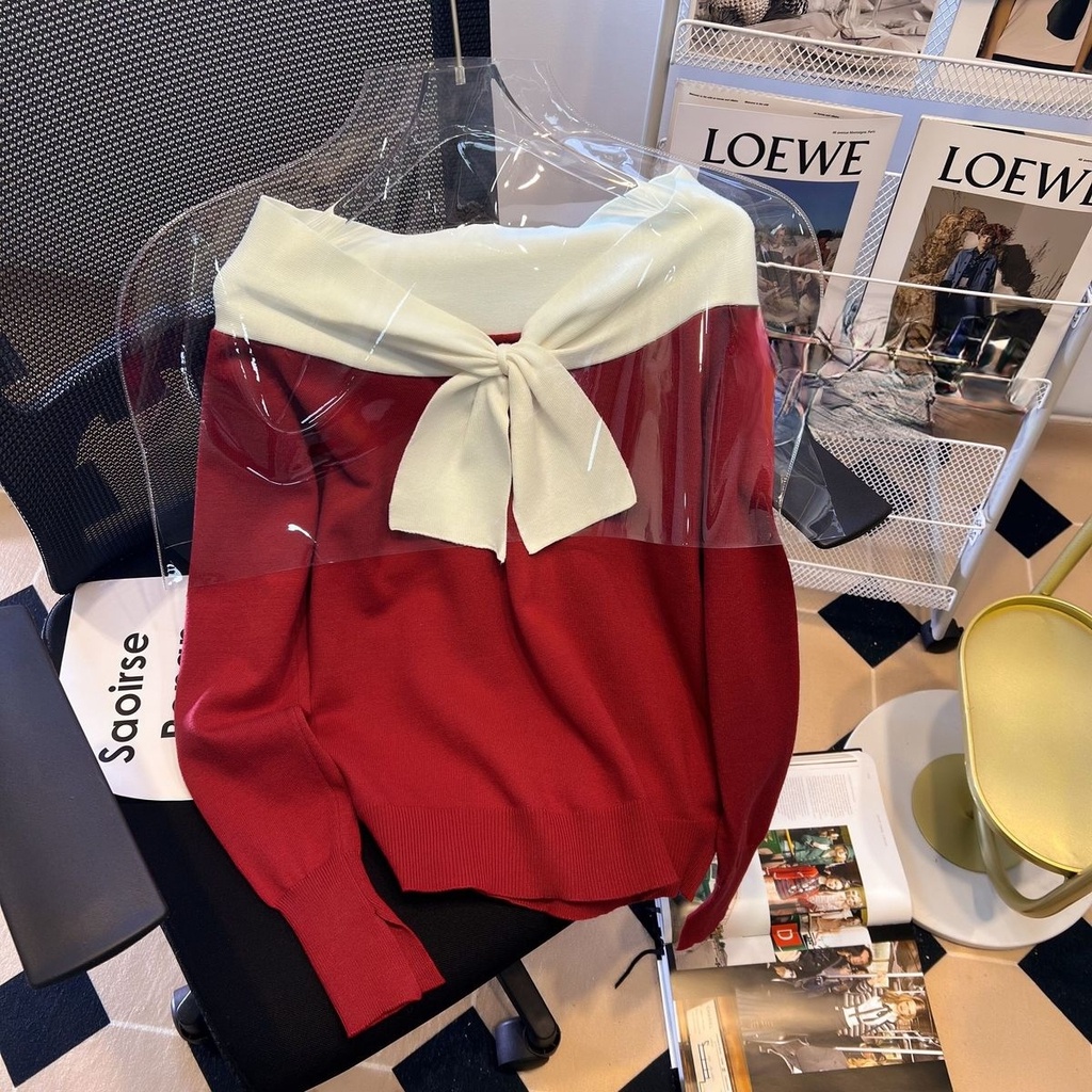 Áo Sweater Trễ Vai Thiết Kế Mới Phối Nơ Thời Trang Mùa Thu Dành Cho Nữ