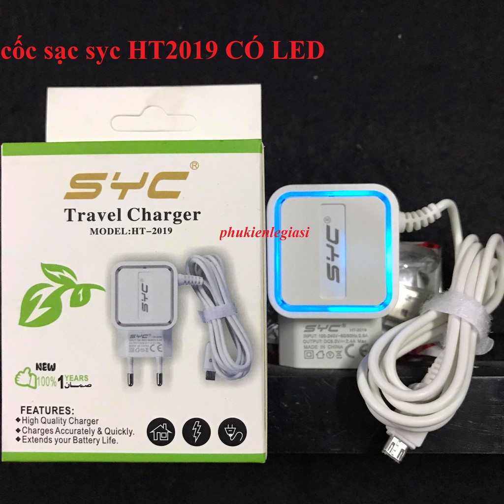 Cốc sạc liền dây micro usb kèm 2 cổng usb có đèn Led mã SYC HT2019 công suất 2.4A led viền