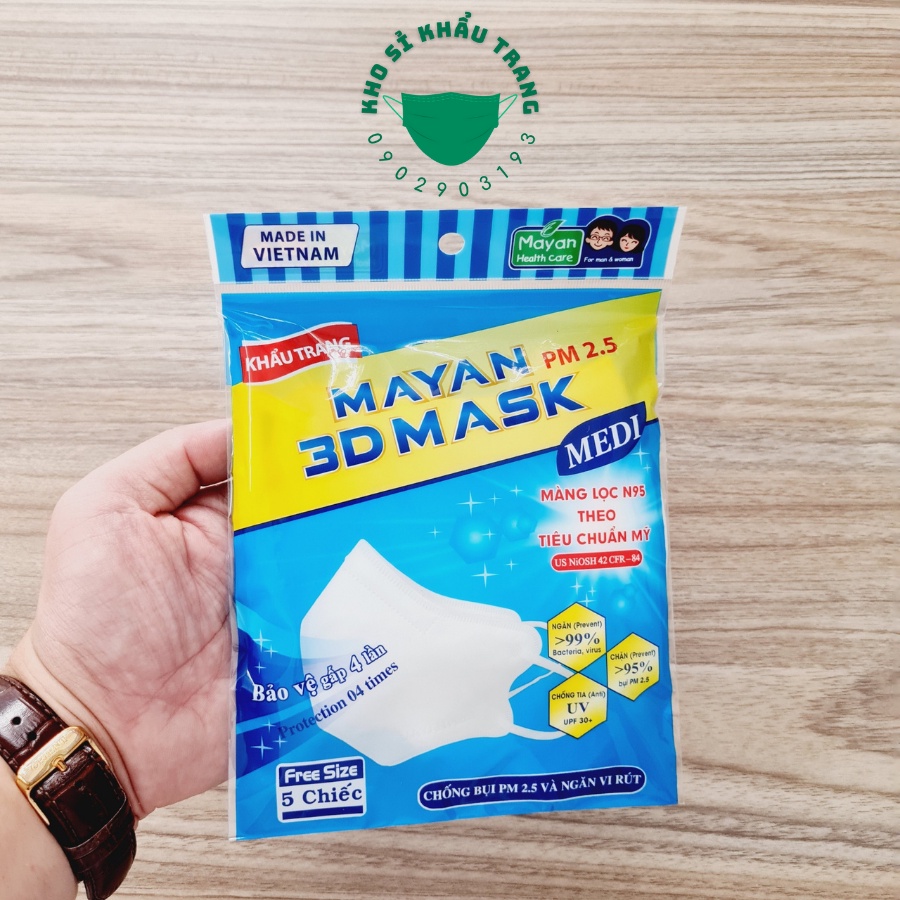 Khẩu trang 5 lớp Mayan 3D mask medi chống bụi PM 2.5 và ngăn vi rút túi 5 chiếc free size