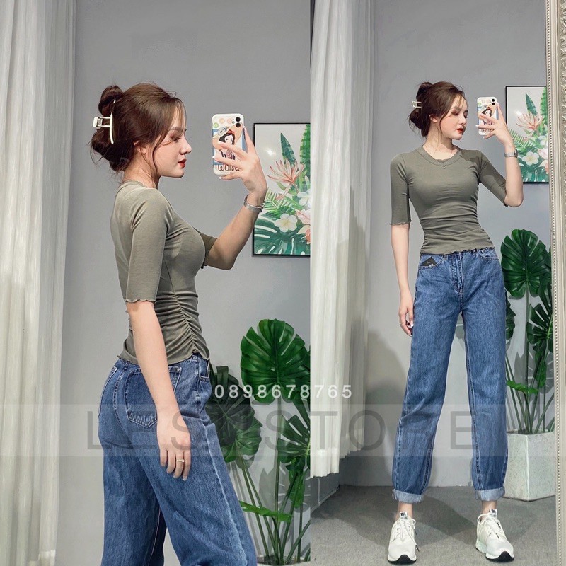 ẢNH TỰ CHỤP Quần Momjeans trơn không co giãn