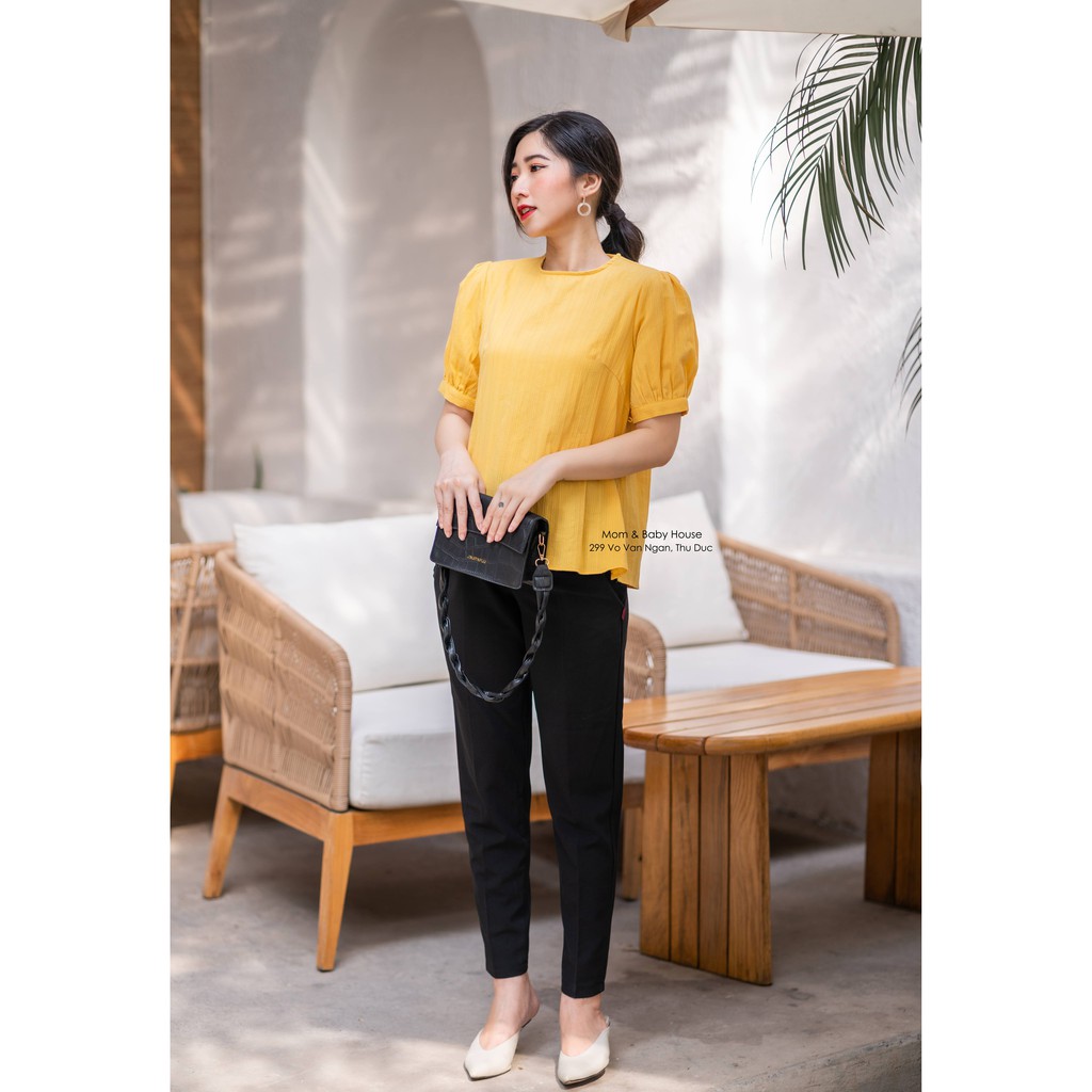 EVERMOM | Áo bầu ren vàng tay bo phồng