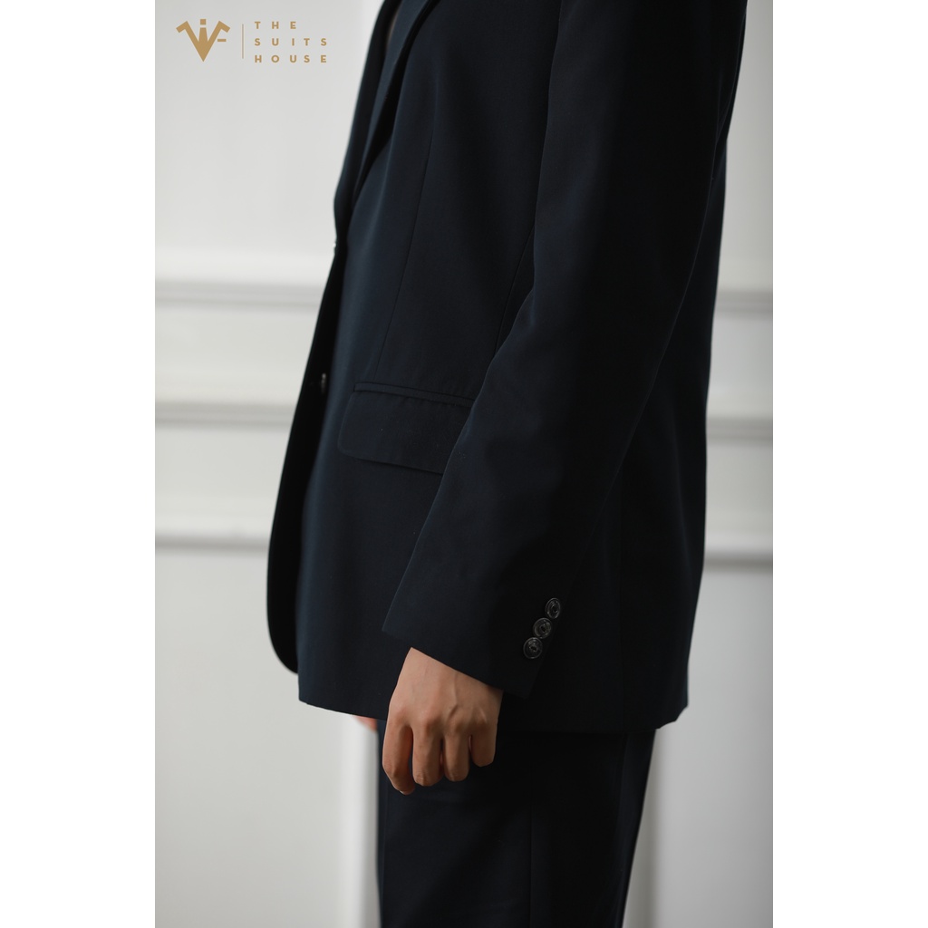 Bộ vest nữ xanh đen đậm 2 khuy ống rộng, suits sartorial chất cashmere The Suits House