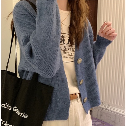 Áo khoác cardigan dài tay cổ chữ v phối hàng nút đơn thời trang cho nữ 46088