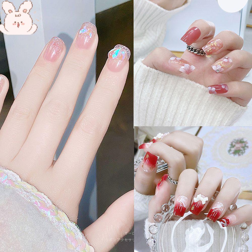 Bộ 24 Móng Tay Giả Hình Nơ / Hoa / Bướm Hồng Phong Cách Pháp