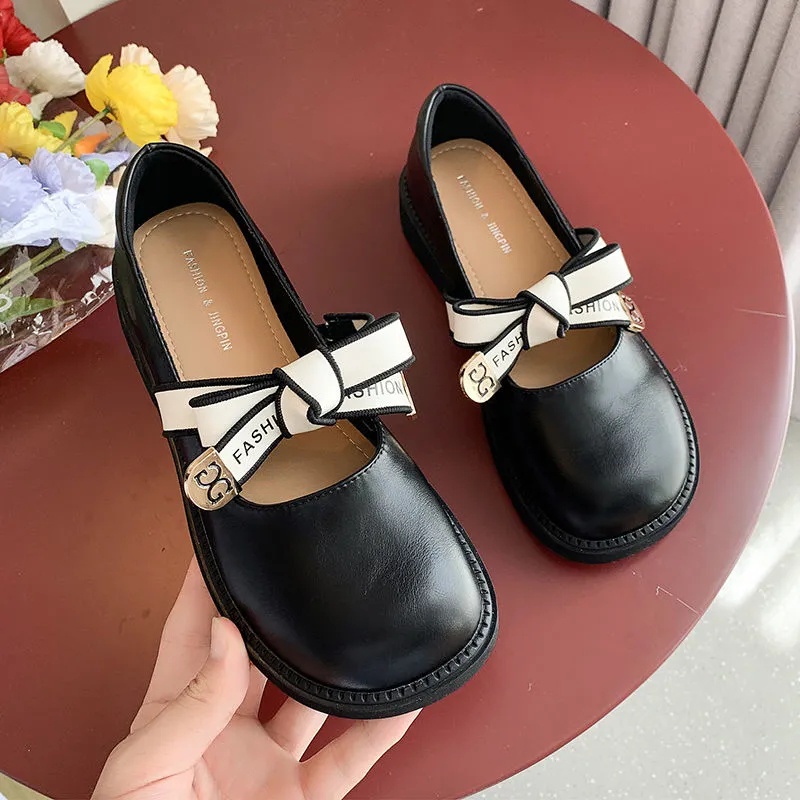 MURIOKI Giày da Mary Jane mũi tròn phối thắt nơ dày đáng yêu cho nữ
