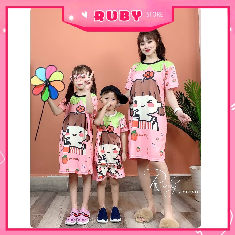 Đầm thun phom rộng suông mẹ và bé mặc nhà size đến 70kg chất thun mềm mát in Doremon Kitty dễ thương DAMRB FULL SIZE