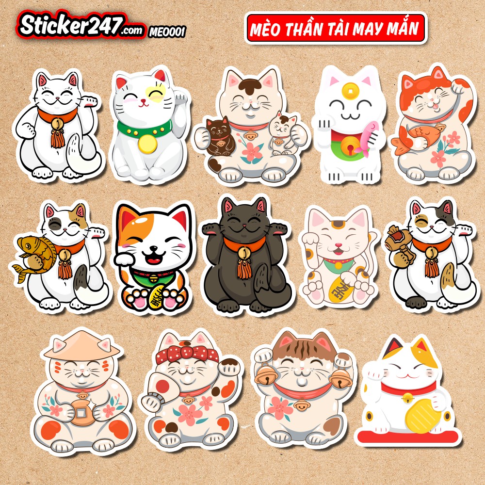 𝑭𝒓𝒆𝒆𝒔𝒉𝒊𝒑 [𝐒𝐞𝐭 𝟏𝟒 𝐒𝐭𝐢𝐜𝐤𝐞𝐫] Hình Dán Decal Mèo May Mắn - MEO0001 - Sticker 247