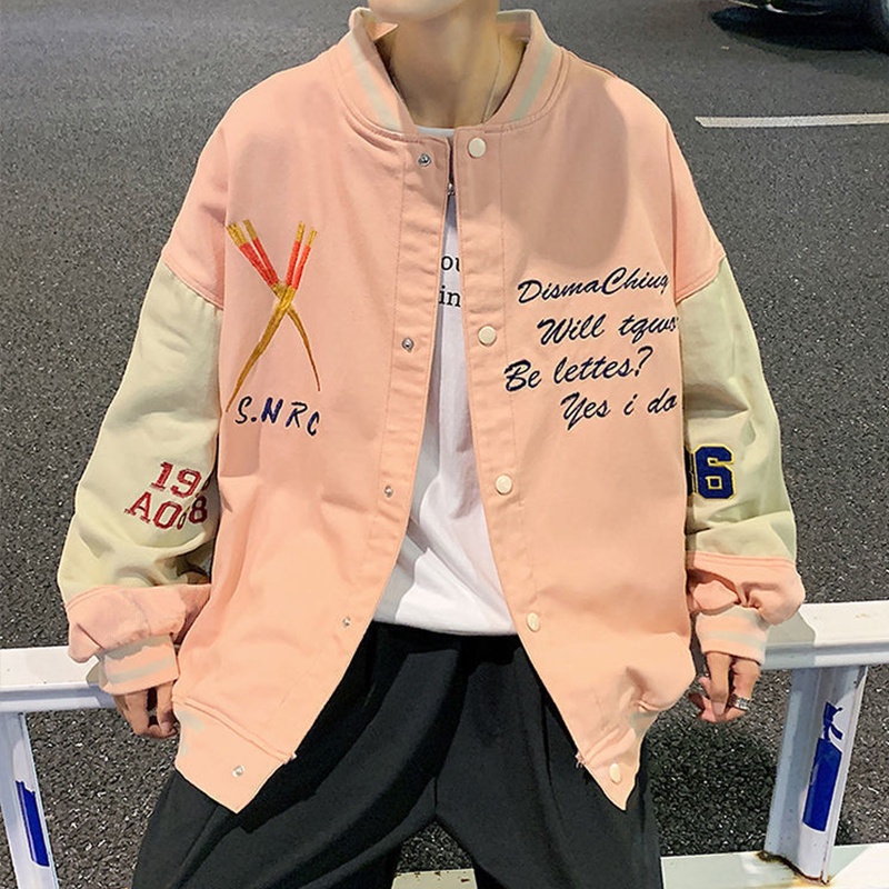 Áo khoác bóng chày cổ chữ V dáng rộng thêu họa tiết thời trang dành cho nam