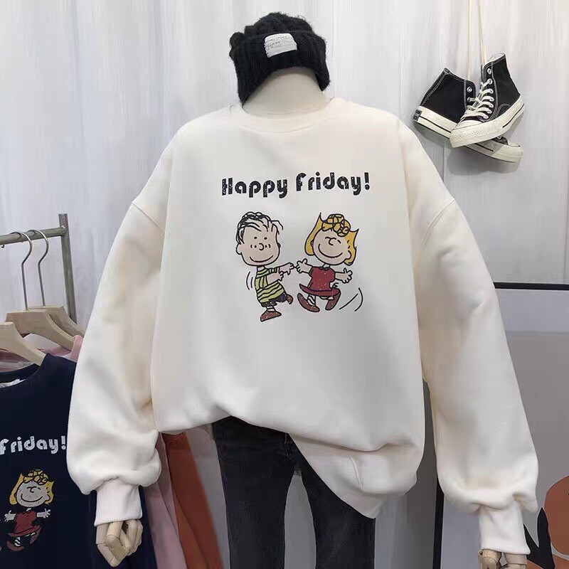 Áo sweater vải nỉ lót bông dày dặn in Happy