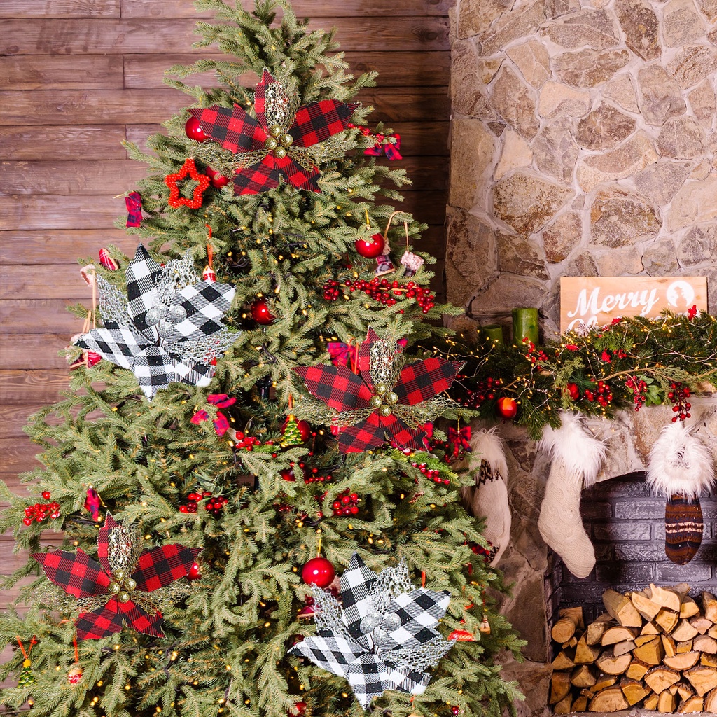 Bông hoa nhân tạo màu đen/màu đỏ họa tiết sọc caro dùng để trang trí cây thông dịp Giáng Sinh/Valentine