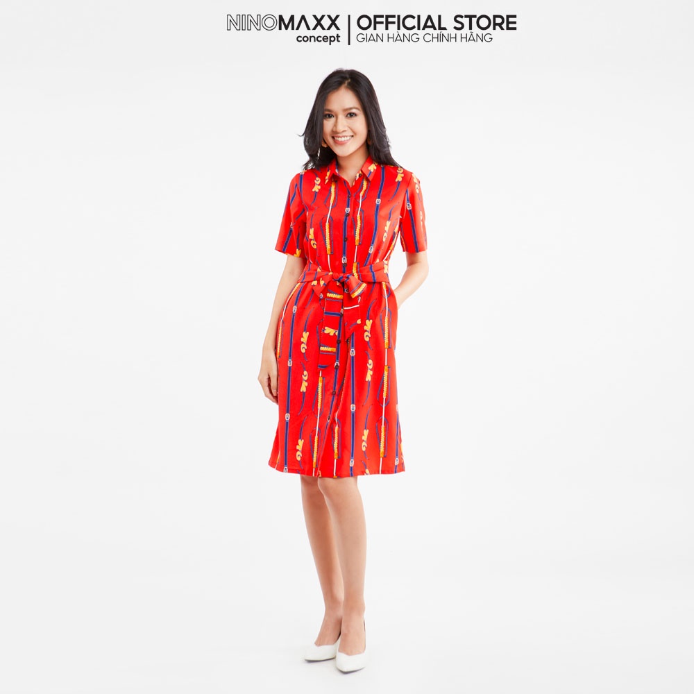 N&amp;M Đầm nữ cổ sơ mi thắt eo in hoạ tiết 2009015