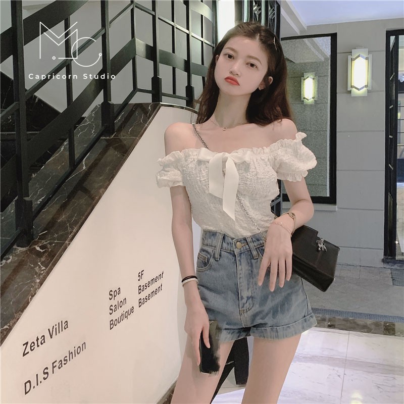 Áo trễ vai bèo nhún có nơ dễ thương phong cách Ulzzang Hàn Quốc [MinC.Studio - MCAT010]