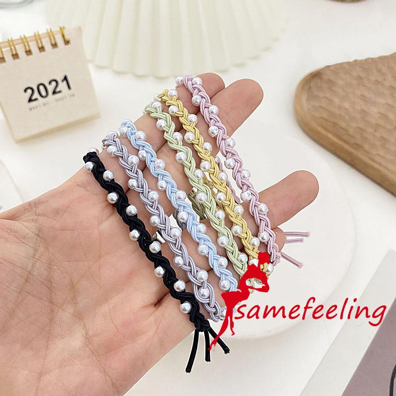 SF♫Pearl Bracelet Hair Circle, Candy Colored Rubber Band Three Thread Braided Headdress, Women´s Hair Accessories