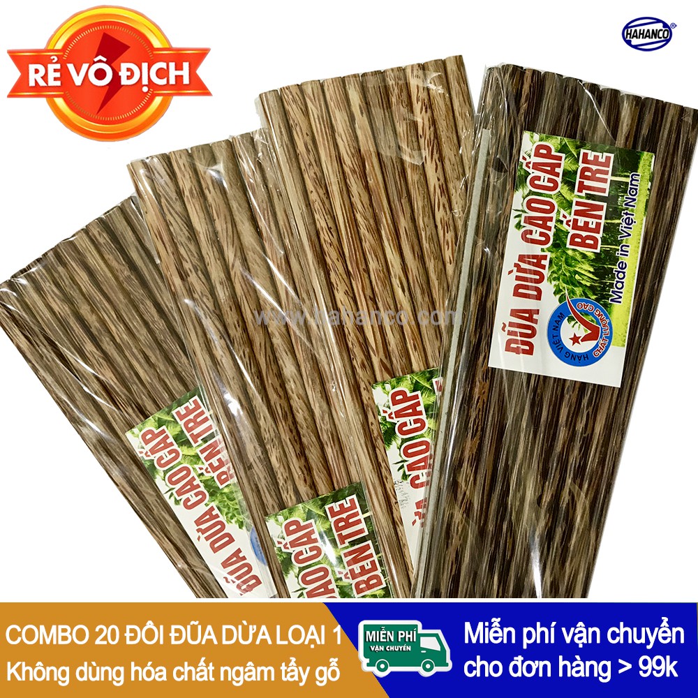 Combo 20 đôi Đũa dừa loại 1 hàng đẹp không dùng hóa chất tẩy gỗ (CTH725-2) HAHANCO