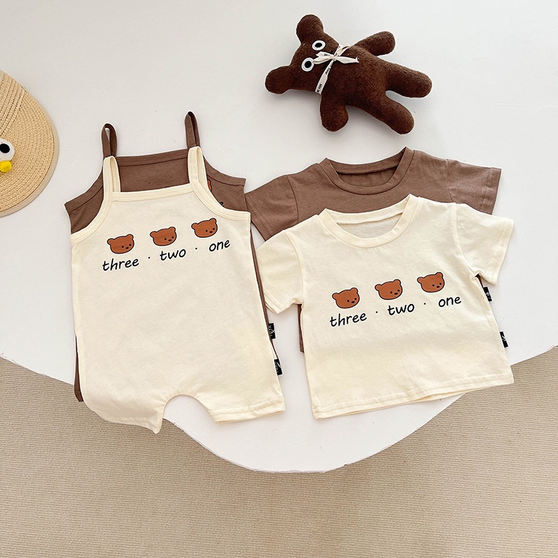 Bộ Áo Liền Quần Hai Dây In Hình Gấu Dễ Thương Phong Cách Hàn Quốc Thời Trang Mùa Hè Cho Bé Trai / Gái