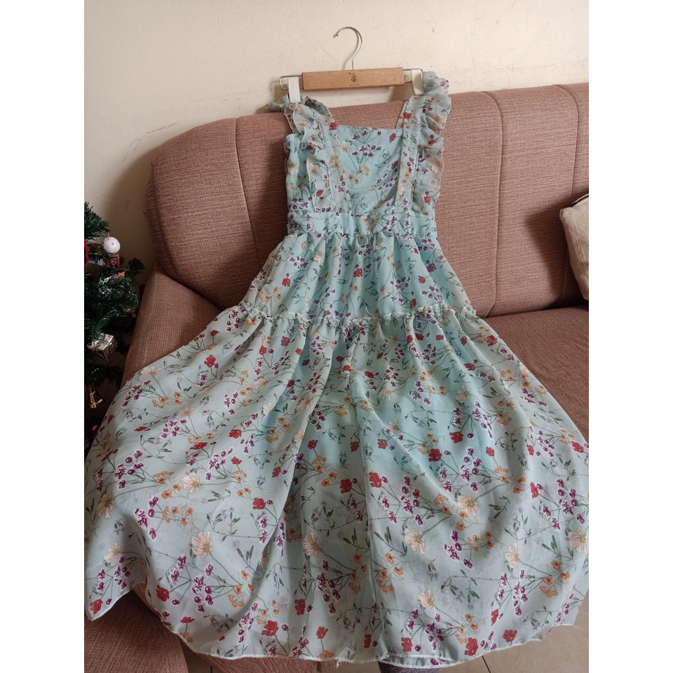 Váy hoa dáng dài màu xanh 2 dây bèo cổ vuông vintage kèm hình thật