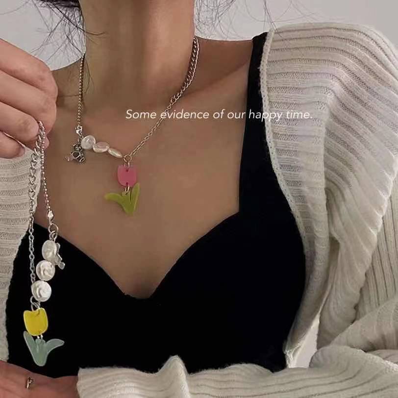 Dây chuyền hợp kim đính hạt hình hoa nhỏ kiểu dáng đơn giản sáng tạo