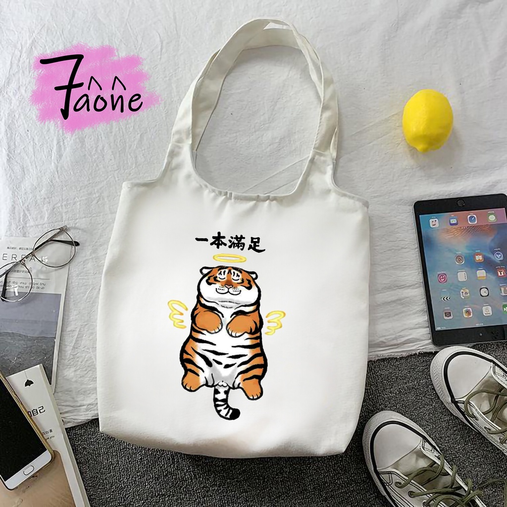 TÚI VẢI QUAI TRÒN CHÚ HỔ NGÁO NGƠ TOTE ĐEO VAI CÓ TÚI CON VẢI CANVAS