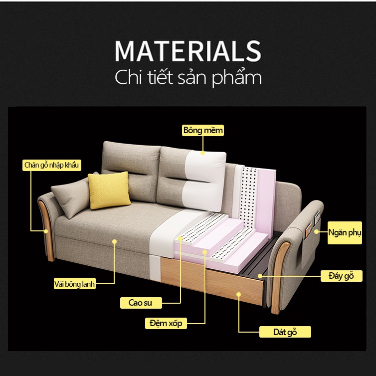 Giường sô pha ghế sô pha mở thành giường 1.8m giường gấp ghế sofa đa năng (Màu kaki) tiện dụng hiện đại FU322