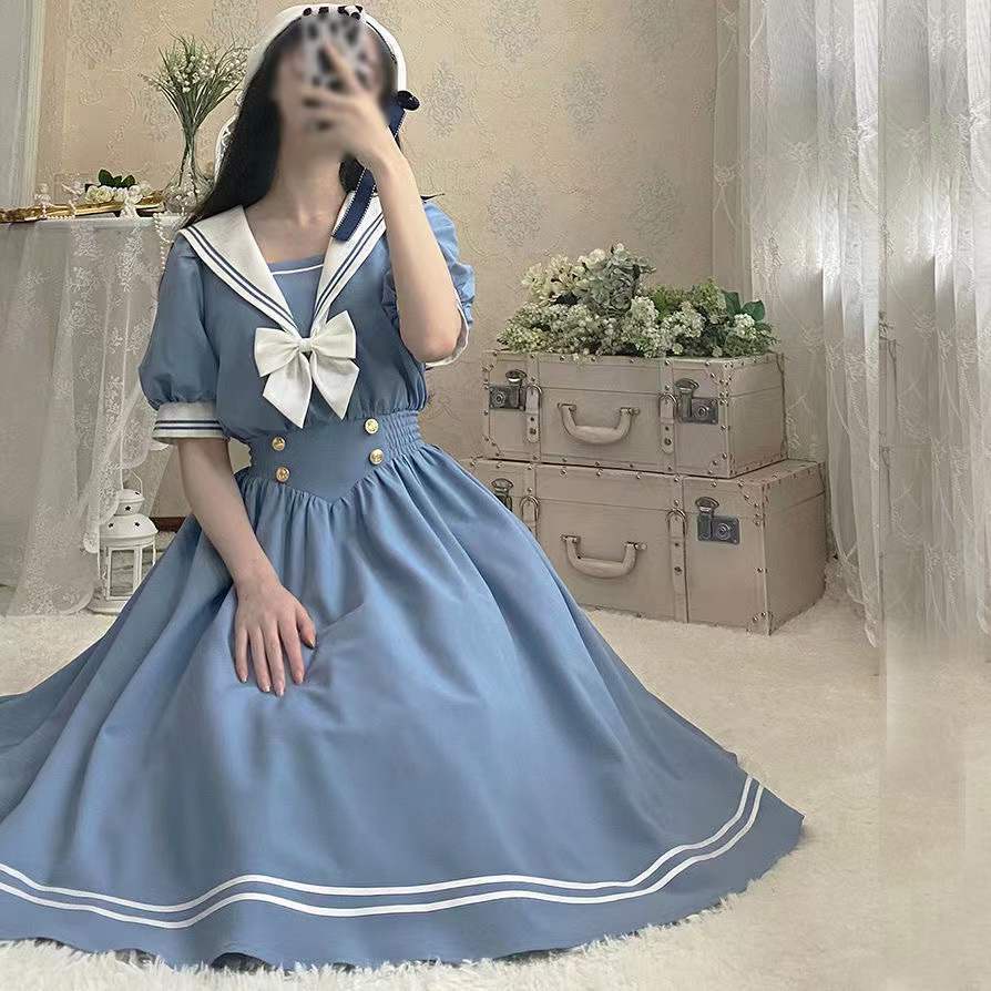 Đầm Chữ a Tay Ngắn Cổ Thủy Thủ Phong Cách Hàn Quốc Thời Trang Mùa Hè Ngọt Ngào Cho Nữ Sinh