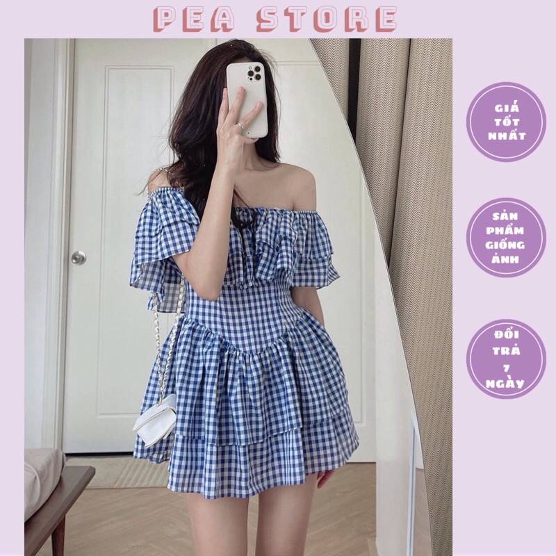 Váy trễ vai kẻ xanh bèo tầng tiểu thư - Váy trễ vai kẻ caro xanh bèo vai Pea Store (Ảnh thật/Sẵn)