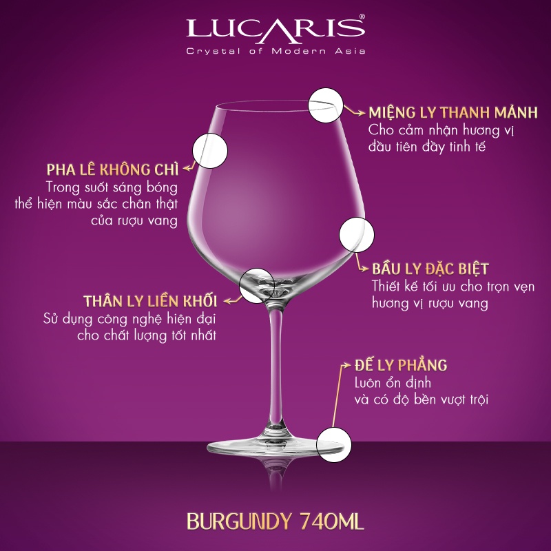 Bộ 6 Ly Uống Rượu Vang Đỏ Pha Lê Cao Cấp Lucaris Burgundy 740ml Nhập Khẩu Chính Hãng Không Chứa Chì - Tokyo S02BG26