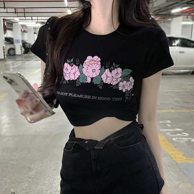 Áo Thun Croptop Ngắn Tay Cổ Tròn Form Ôm In Họa Tiết Hoa Phong Cách Hàn Quốc Thời Trang Cho Nữ