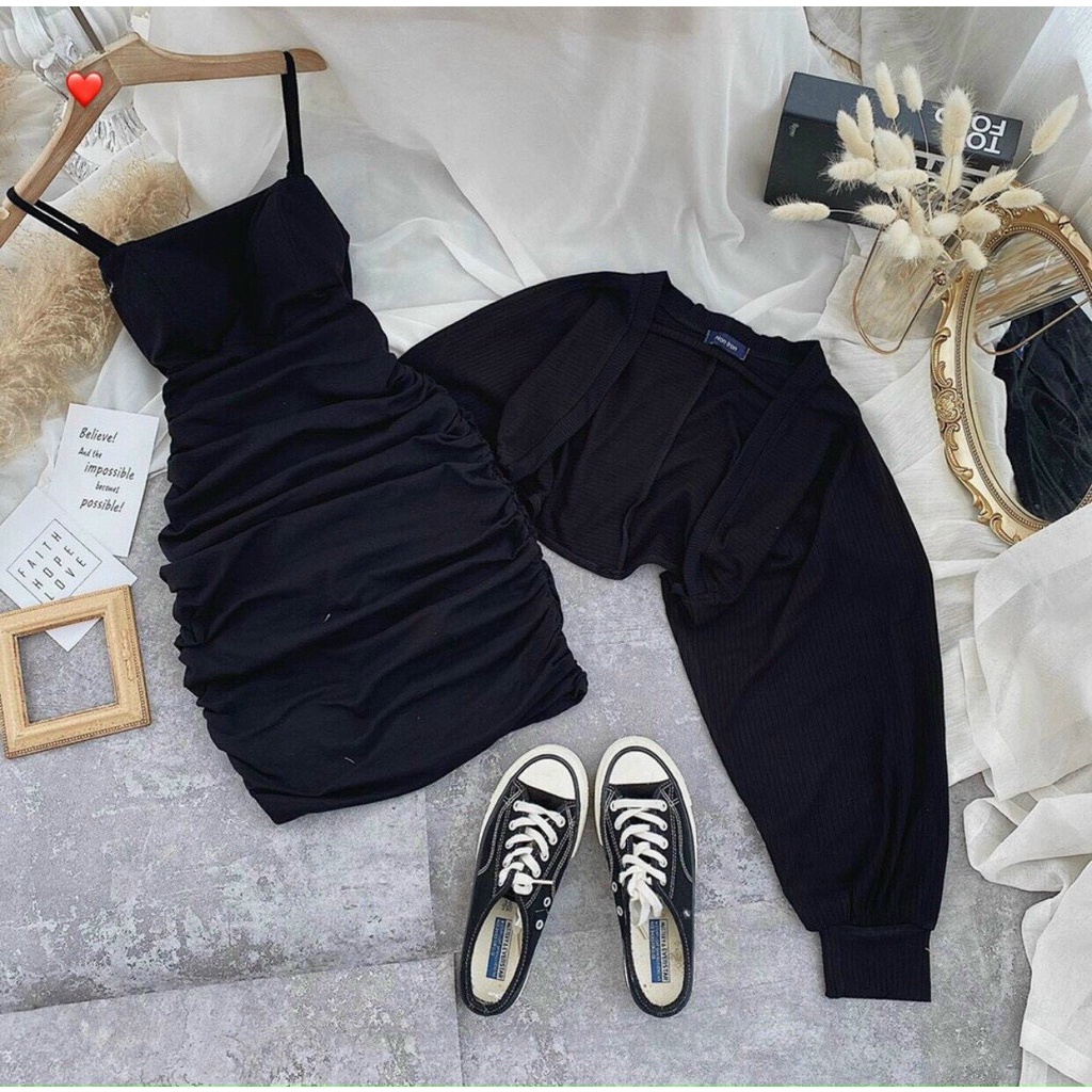 SÉT ĐẦM 2 DÂY NHÚN XẾP LY SƯỜN, KÈM ÁO KHOÁC CROPTOP CÁNH DƠI SIÊU XINH FSHP17