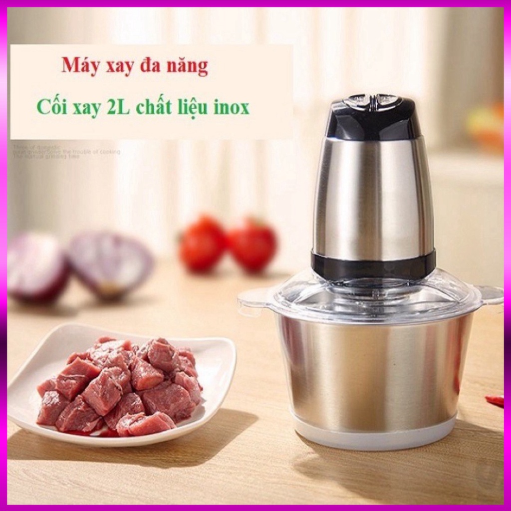 Máy Xay Thịt Cối Inox 4 Lưỡi Đa Năng, Công suất 250W- Máy Xay Sinh Tố Thực Phẩm 2l,Chất Liệu Inox 304 Chuẩn, Siêu Bén