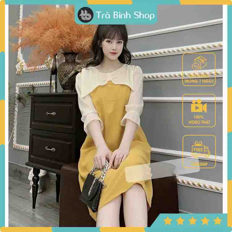 Đầm suông cổ nơ tay lỡ Váy dáng dài phối voan tiểu thư