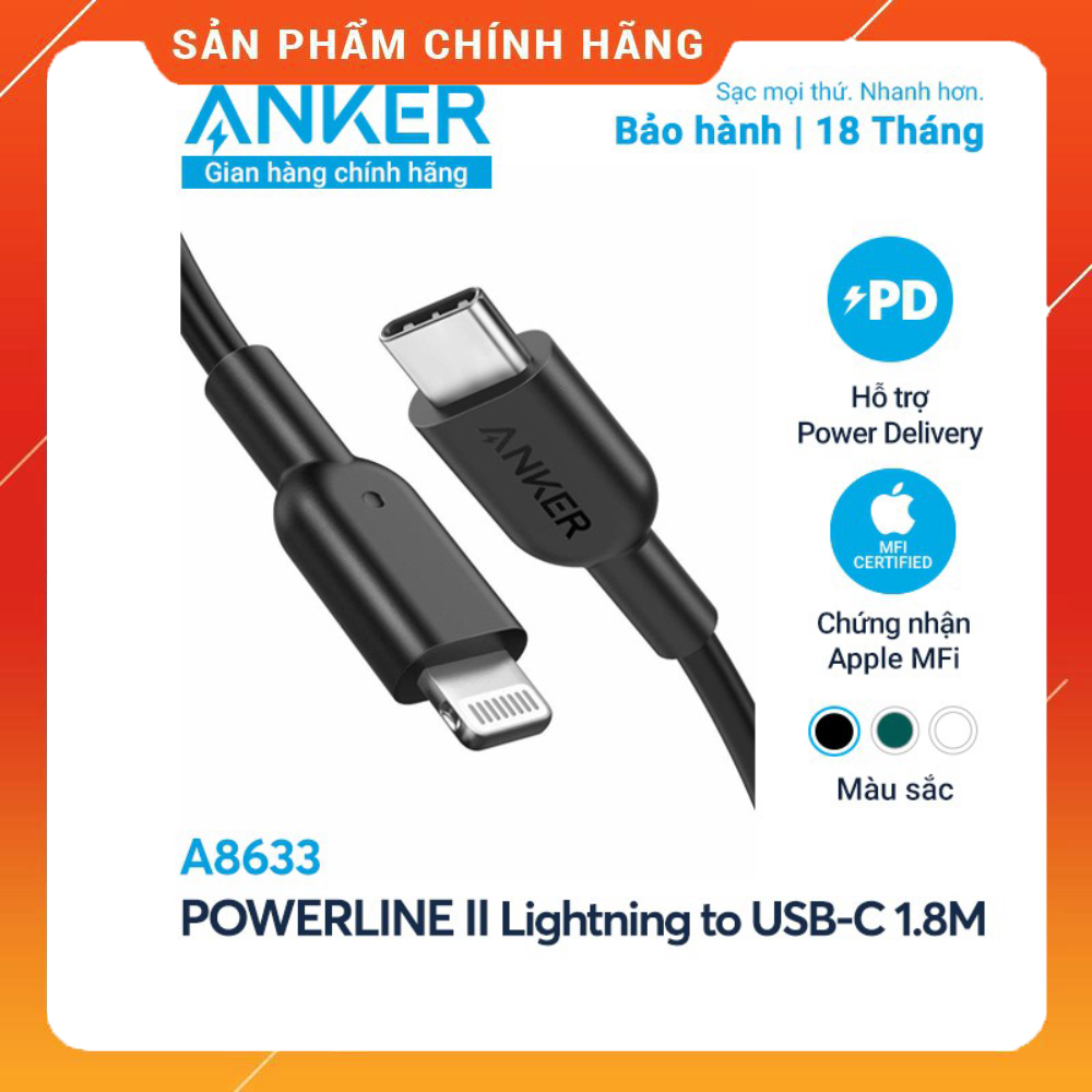 Cáp sạc ANKER PowerLine II Lightning to USB-C dài 1.8m - A8633