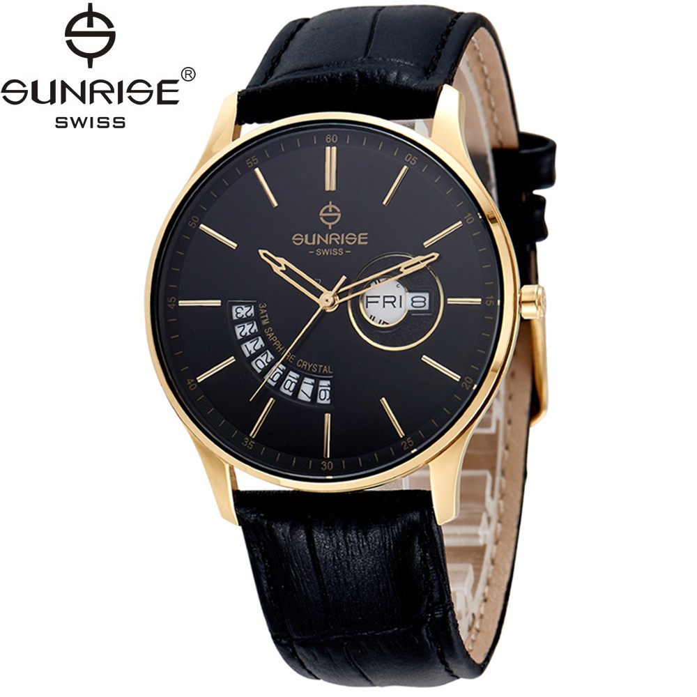 Đồng hồ nam dây da mặt kính sapphire chống xước Sunrise DM1127MK-GL đen
