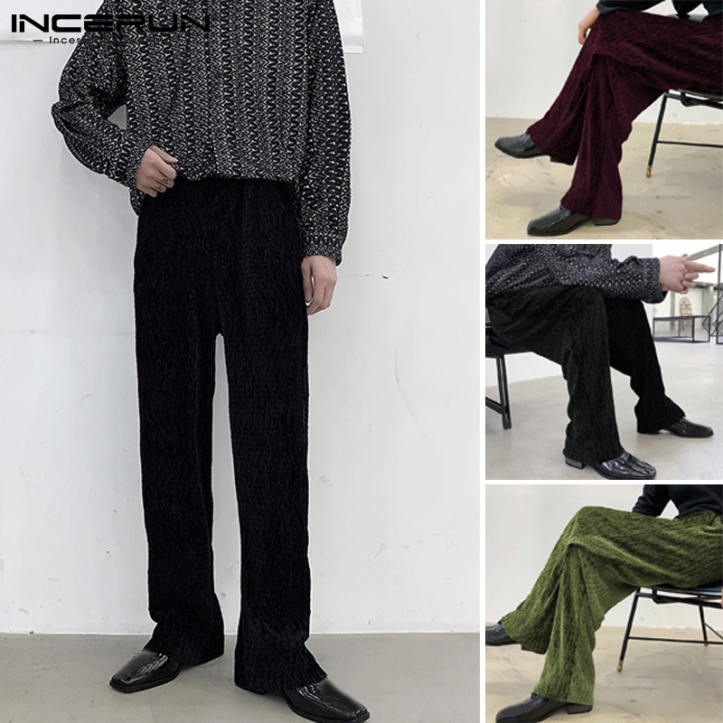 Quần dài INCERUN vải corduroy màu trơn dáng rộng thắt lưng co giãn phối xếp ly phong cách retro cho nam