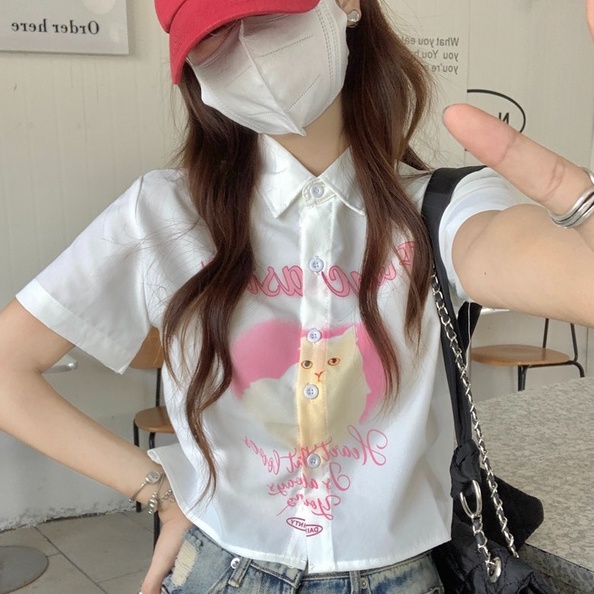 【ZHELIHANGFEI】Áo Sơ Mi Tay Ngắn Cổ POLO Lưng Cao Họa Tiết In Theo Phong Cách Preppy Dễ Phối Đồ