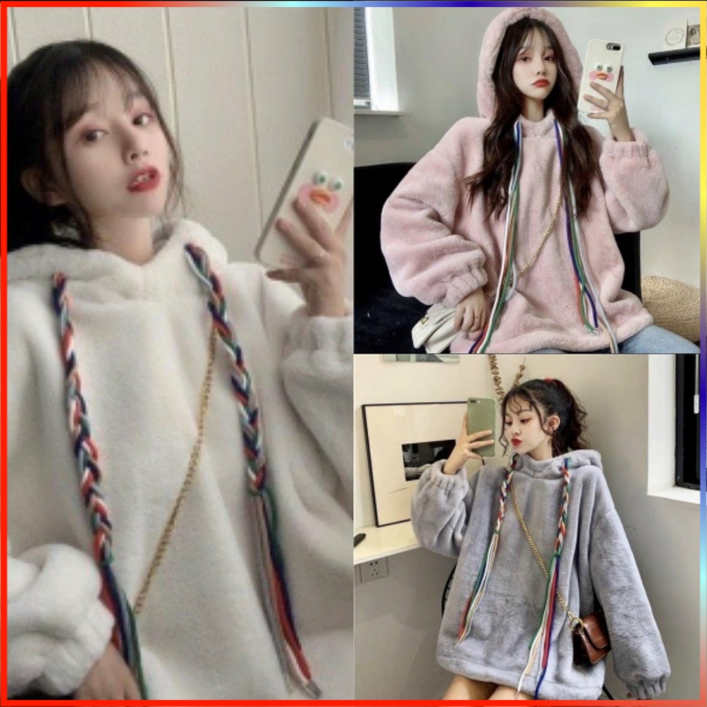 Áo Hoodie , Dáng Rộng Kèm Mũ 3 Màu ,Lông Đan Dây Phối Màu dưới 65kg HMG064