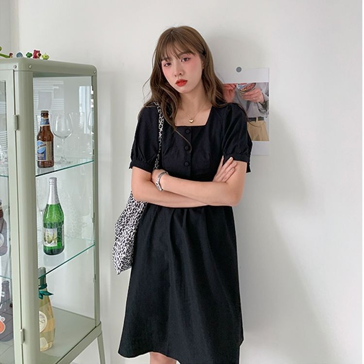 Đầm Ngắn Tay Cổ Vuông Thời Trang Hàn Nữ Tính