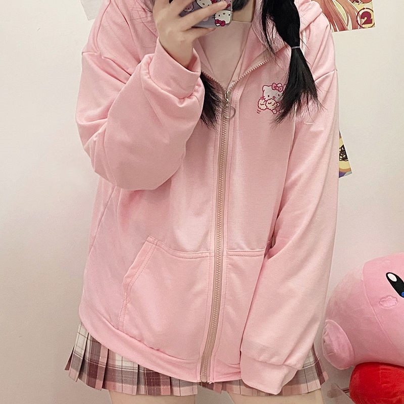Áo Khoác Hoodie Tay Dài Có Khóa Kéo In Hình Hello Kitty Phong Cách Harajuku Nhật Bản Cho Nữ