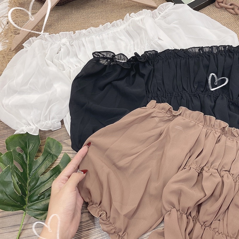 Áo Crop Voan Tơ Nhún Tay Bồng 2Màu Đen Nâu
