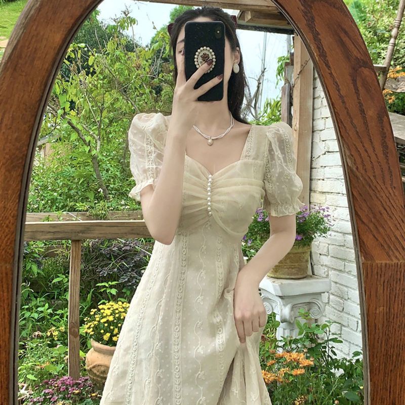 Đầm cổ vuông tay phồng tea break pháp cổ điển dành thanh lịch Váy lưới dáng dài nữ