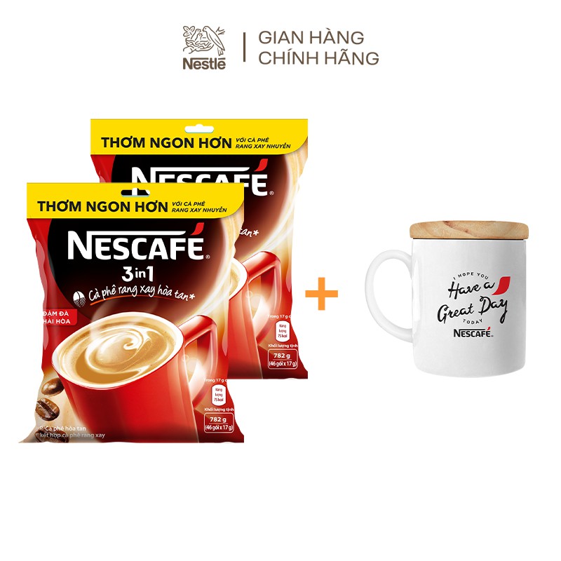 [Tặng 1 ly sứ nắp gỗ] Combo 2 bịch cà phê rang xay hòa tan Nescafé 3in1 đậm đà hài hòa (Bịch 46 gói x 17g)