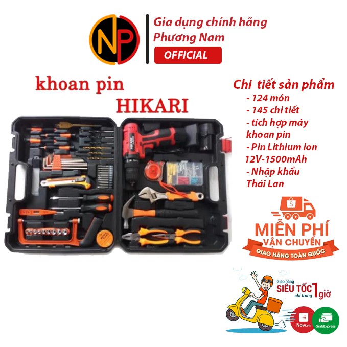 Máy khoan pin Hikari HR-12V -Bộ máy khoan hộp đựng dụng cụ 124 món. Pin Lithium ion 12V-1500mAh, Nhập khẩu Thái Lan