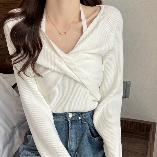 【ZHELIHANGFEI】Áo Dệt Kim Tay Dài Cổ Chữ V Giả Hai Lớp Thời Trang Cá Tính Trẻ Trung