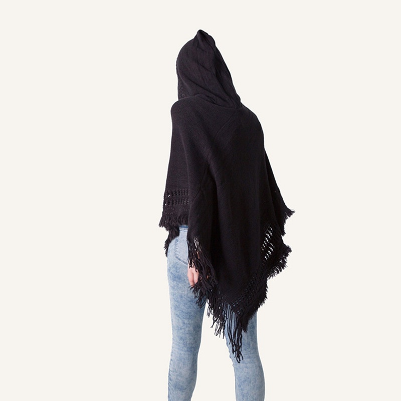 Áo Choàng Poncho Dệt Kim Phối Tua Rua Thời Trang Mùa Đông Cho Nữ