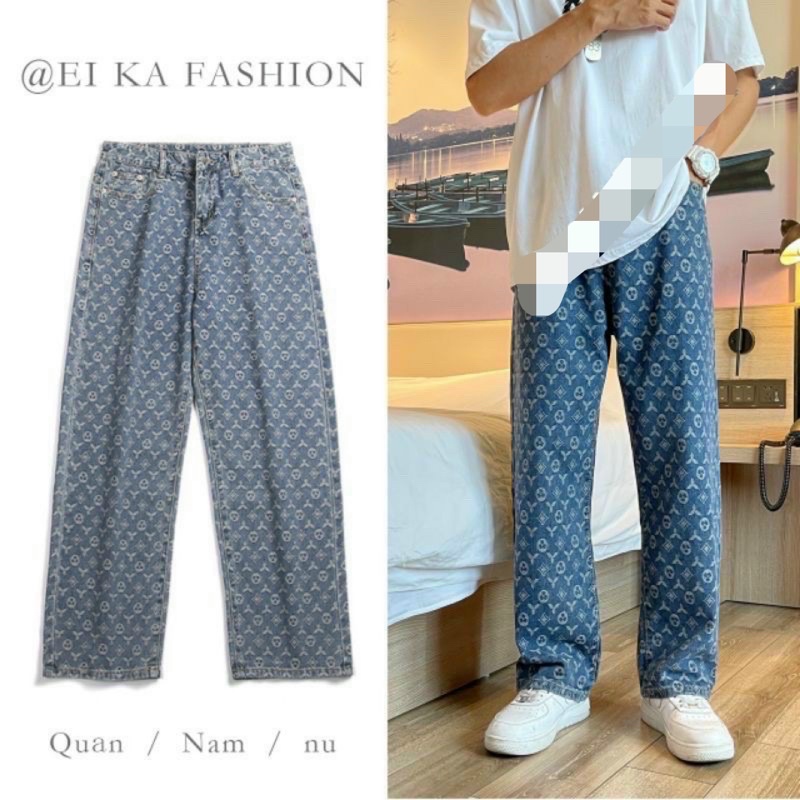 Quần bò ống xuông in hoạ tiết LV nam nữ quần unisex localbrand- mdstore.0000