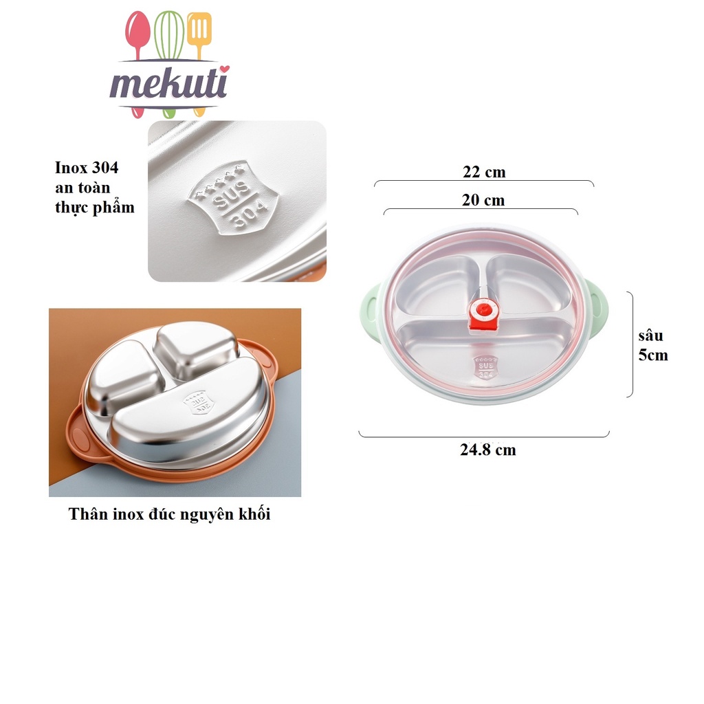 Khay ăn dặm cho bé inox 304 có nắp pp chống tràn tay cầm nhựa chống nóng, khay cơm trẻ em chia ngăn