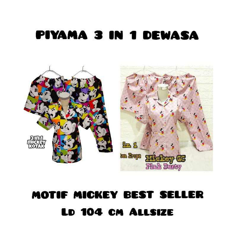 Bộ Đồ Ngủ 3 Trong 1 In Hình Chuột Mickey 1 Baju 2 All Size Ld104 Size L-xl