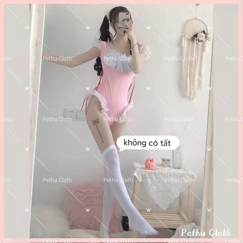 （Q1,HCM）Đồ ngủ sexy nữFreeship Cosplay Bodysuit ren nơ ngực xẻ đáy quyến rũ 40-60kg---027