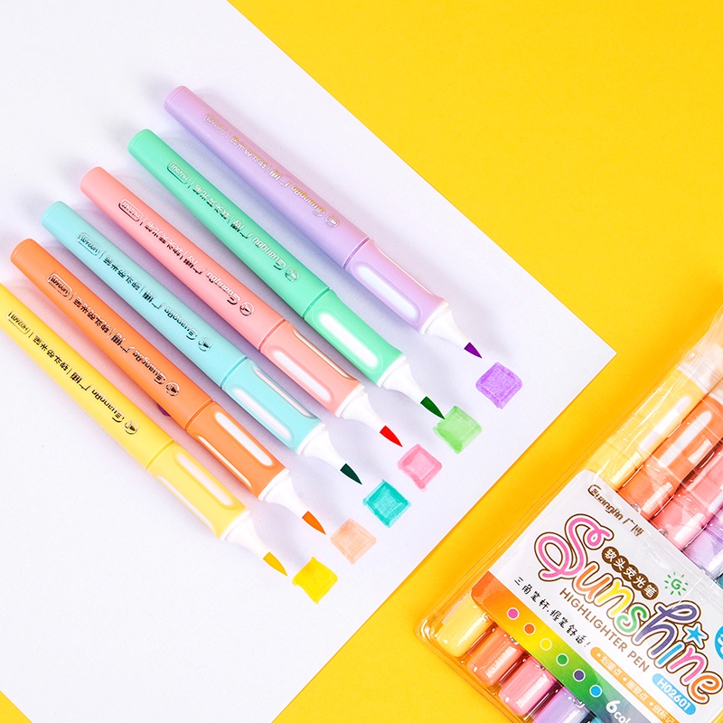 Bộ 6 bút lông tô màu brush, nhớ dòng/highlight 1mm GuangBo - 6 màu pastel H02601