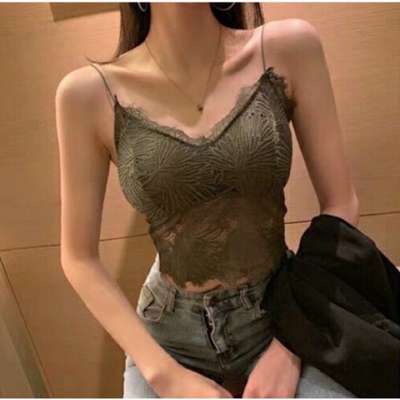 [FREESHIP]Áo bra croptop hai dây ren màu rêu sẵn mút ngực mặc trong áo sơ mi, vest, blazer mặc tập gym đi biển siêu xinh