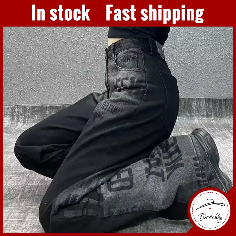 DaDuHey American Retro Printed Jeans Men's Autumn Loose Straight High Street Pants Fashion Brand Ins Wide Leg Pants